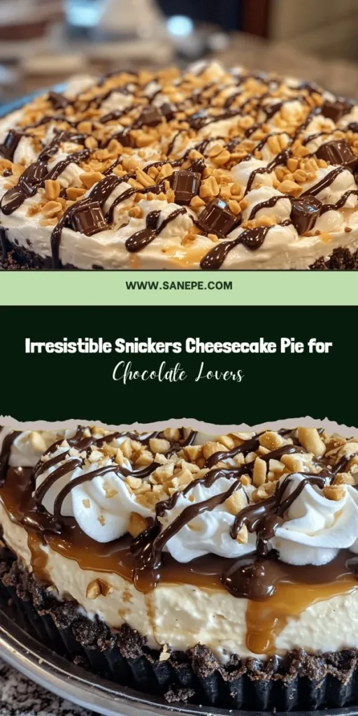 Satisfy your sweet tooth with this decadent Snickers cheesecake pie! Combining the creamy goodness of cheesecake with crunchy Snickers and a chocolate cookie crust, it's the ultimate treat for chocolate lovers. Perfect for celebrations or a cozy night in, this dessert is simple to make yet stunningly impressive. Drizzle it with caramel and chocolate sauce for an irresistible finish. Get ready to indulge! #SnickersCheesecake #DessertLovers #ChocolateDelight #BakingAtHome #SweetTreats #IndulgeYourCravings