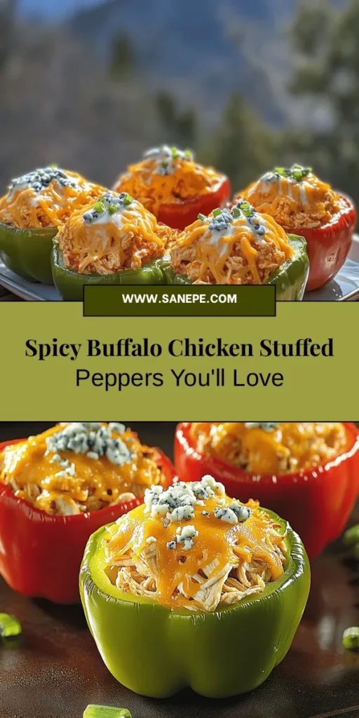 Spice up your dinner with these delicious Spicy Buffalo Chicken Stuffed Peppers! Bursting with flavor, these vibrant peppers are filled with tender shredded chicken, creamy cheese, and tangy Buffalo sauce. Perfect for game day, family dinners, or potlucks, this recipe can be easily customized for your spice preference. Enjoy a balanced dish that's as nutritious as it is tasty. Don't miss out on this crowd-pleaser! #StuffedPeppers #BuffaloChicken #HealthyRecipes #EasyDinner #GameDaySnacks