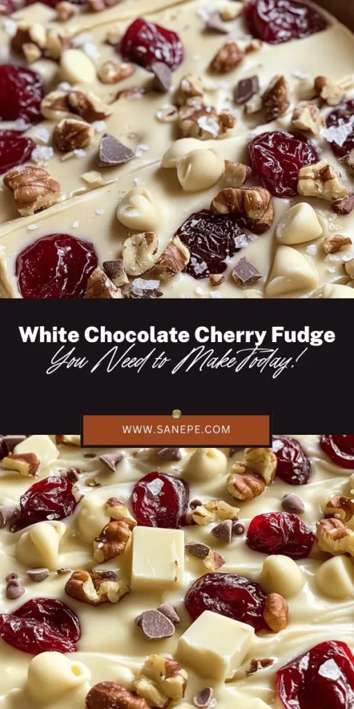 Indulge in the irresistible delight of homemade white chocolate cherry fudge! This creamy, sweet treat combines rich white chocolate and the tart burst of cherries, creating a perfect balance of flavors. Easy to make and customizable, it's ideal for holiday gatherings or a cozy night in. Impress family and friends with this delectable dessert that brings joy to any occasion. Try it today! #Fudge #DessertRecipes #Baking #HomemadeTreats #ChocolateLovers #CherryDessert #Sweets