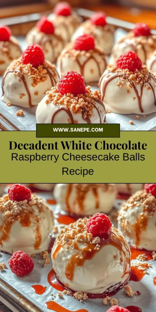 Treat yourself to a delightful dessert with these White Chocolate Raspberry Cheesecake Balls! Combining creamy cheesecake, fresh raspberries, and a sweet white chocolate coating, these no-bake treats are easy to make and perfect for any occasion. With a balance of flavors and textures, they're sure to impress your friends and family. Ideal for parties or a cozy night in, these cheesecake balls are a must-try! #CheesecakeBalls #DessertRecipe #HomemadeTreats #SweetTooth