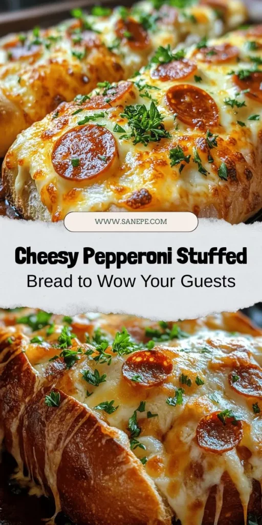 Indulge in the ultimate snack with this Pepperoni Stuffed Cheesy Bread recipe! Perfectly baked golden-brown bread filled with gooey mozzarella, tangy Parmesan, and savory pepperoni creates an irresistible treat for any occasion. Easy to make and customize, this cheesy delight is ideal for game days, movie nights, or cozy family gatherings. Serve it with marinara sauce for dipping and enjoy the gooey, flavorful goodness in every bite. #CheesyBread #Appetizer #Recipe #Cooking #Homemade