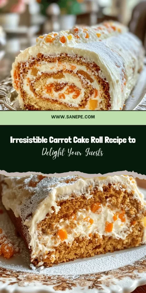 Looking for a unique dessert that'll wow your guests? Try this delightful carrot cake roll! It's a moist and flavorful twist on the classic, featuring fresh carrots, rich spices, and a creamy filling that spirals beautifully. Perfect for any occasion, this treat combines health and indulgence, thanks to nutrient-rich ingredients. Follow our easy steps to create this impressive dessert that's as delicious as it is visually appealing! #CarrotCakeRoll #BakingRecipes #DessertInspiration