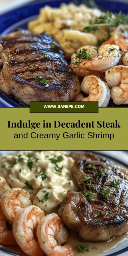 Elevate your dining experience with this indulgent recipe for decadent steak with creamy garlic shrimp! Perfectly seared ribeye steak paired with succulent shrimp in a luscious garlic cream sauce makes for a meal that impresses. Ideal for romantic dinners or special occasions, each bite is a flavorful delight. Discover the secrets to achieving the perfect steak and shrimp here! #SteakDinner #ShrimpRecipe #CulinaryDelight #GourmetCooking #Foodie