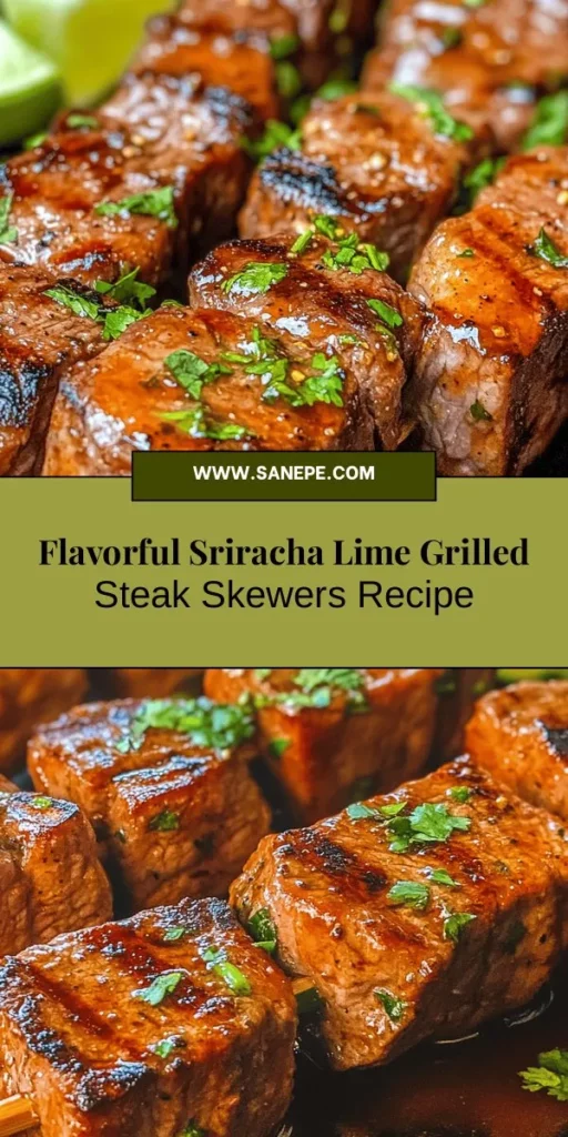 Get ready to impress at your next barbecue with Sizzling Sriracha Lime Grilled Steak Skewers! This vibrant recipe balances the heat of Sriracha with the freshness of lime, honey sweetness, and garlic goodness for a mouthwatering treat. Flank steak absorbs the marinade, ensuring every bite is packed with flavor. Perfect for outdoor gatherings or a cozy dinner at home, these skewers are deliciously easy to make! #GrilledSteak #SrirachaLime #BBQRecipes #SummerEats #SteakSkewers