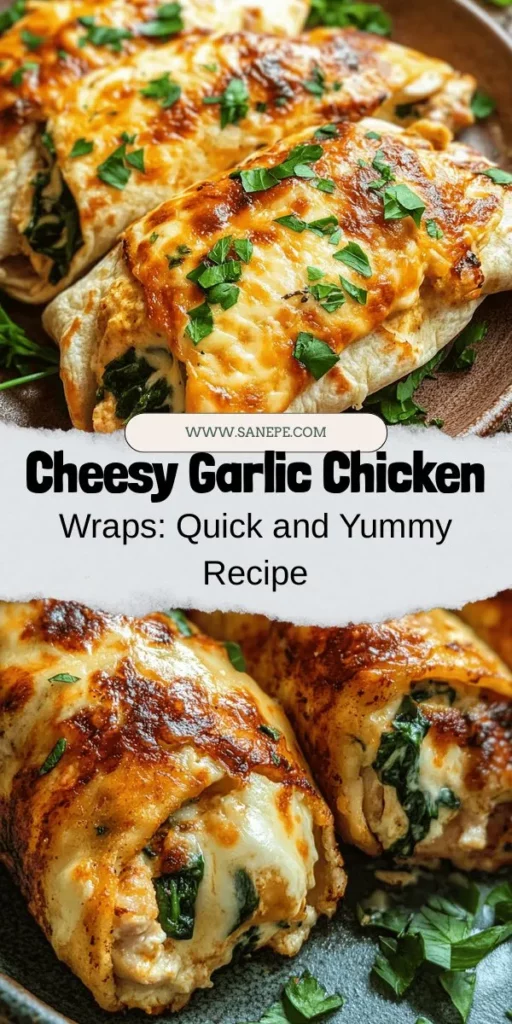 Discover the ultimate comfort food with cheesy garlic chicken wraps! Perfect for busy weeknights or a satisfying lunch, these wraps are easy to make with shredded chicken, gooey cheese, and zesty garlic all wrapped in a warm tortilla. Customize them to your liking for family gatherings, game days, or a quick snack. Ready to delight your taste buds? Check out the full recipe now! #ChickenWraps #CheesyGoodness #EasyRecipes #ComfortFood #DinnerIdeas