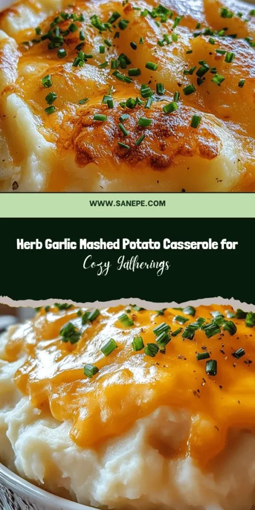 Indulge in the ultimate comfort food with this Buttery Herb Garlic Mashed Potato Casserole! With creamy Yukon Gold potatoes, rich butter, fresh garlic, and fragrant herbs, this dish is a sophisticated twist on a classic favorite. Perfect for family gatherings, holidays, or cozy dinners, each bite offers warmth and nostalgia, topped with a cheesy golden crust. Elevate your meals with this comforting delight! #MashedPotatoes #Casserole #ComfortFood #Garlic #Herbs #Cooking #FamilyRecipes