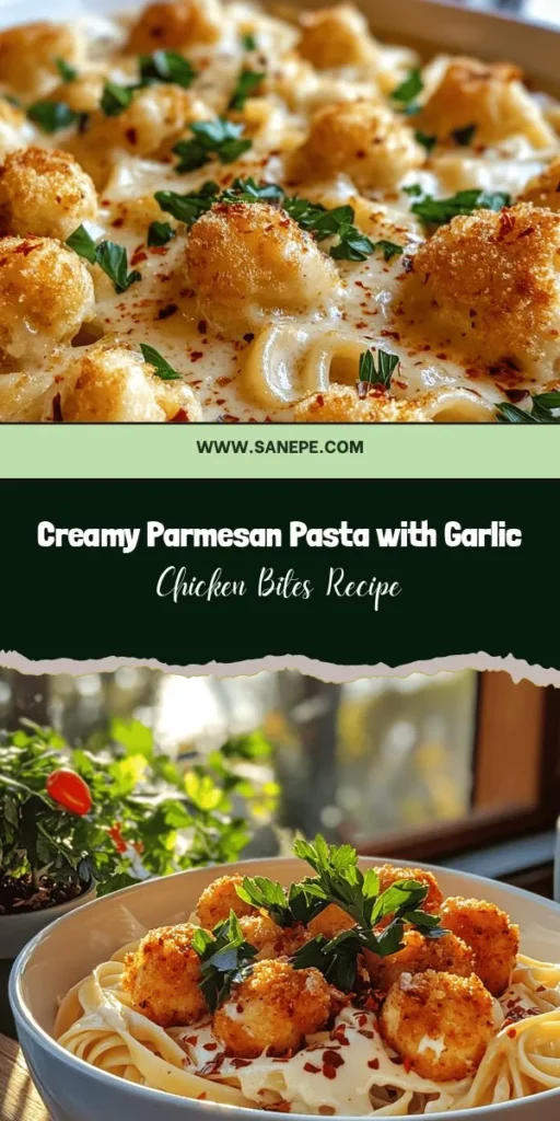 Indulge in the deliciousness of Creamy Parmesan Pasta with Garlic Butter Chicken Bites! This mouthwatering dish combines rich creamy fettuccine and succulent chicken sautéed in garlic butter, creating a heavenly meal perfect for any occasion. With an easy step-by-step recipe, you can impress your family and friends with this comfort food favorite. Get ready to dig in! #CreamyPasta #GarlicChicken #ComfortFood #PastaRecipes #Foodie #Yummy #DinnerIdeas #ItalianCuisine