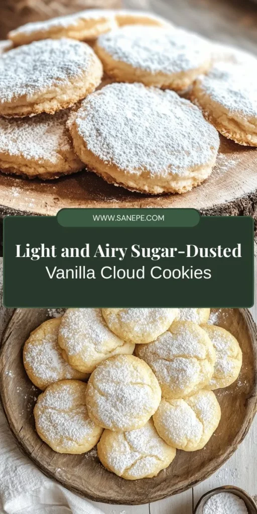 Indulge in the delightful experience of baking Sugar-Dusted Vanilla Clouds! These light and airy cookies are perfect for any occasion, from festive gatherings to cozy afternoons at home. With a simple recipe rich in nostalgic vanilla flavor, these treats melt in your mouth. Enjoy them with tea, or serve warm with ice cream. Discover the joy of baking and sharing these charming cookies with friends and family. #Baking #Cookies #Vanilla #Dessert #SweetTreats #HomemadeDelights #Cookielove