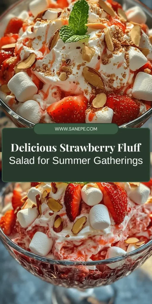 Indulge in the refreshing taste of summer with our Irresistible Strawberry Fluff Salad! This delightful dessert combines juicy strawberries, mini marshmallows, creamy whipped topping, and a hint of vanilla for a light, fluffy treat that's perfect for any occasion. Easy to make and visually tempting, it’s a crowd-pleaser at potlucks and barbecues. Get ready to impress with this deliciously colorful salad. #StrawberryFluff #SummerDesserts #FruitSalad #Recipe #DeliciousTreats