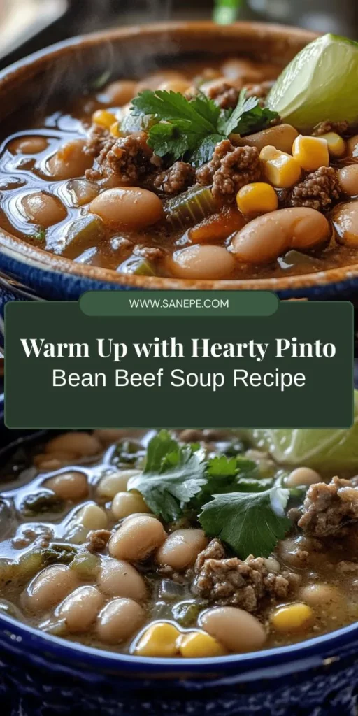 Warm up this season with a bowl of Hearty Pinto Bean, Green Chile & Beef Soup! This delicious recipe combines savory ground beef, creamy pinto beans, and zesty green chiles for a comforting dish packed with protein and nutrients. Perfect for chilly days, this nutritious soup is easy to make and customizable for dietary preferences. Serve it with fresh cilantro and lime for an extra burst of flavor! #SoupRecipe #ComfortFood #HeartyEats #HealthyEating #FallRecipes #HomemadeSoup