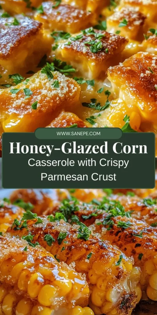 Try this delightful Honey-Glazed Corn Casserole with a Crispy Parmesan Crust for your next meal! This dish combines the sweetness of fresh corn with a savory, cheesy topping, creating a harmonious blend of flavors that's sure to please everyone. Perfect for holiday gatherings or cozy weeknight dinners, you can easily customize it to suit dietary needs or seasonal ingredients. Get ready for a comforting treat that everyone will love! #CornCasserole #ComfortFood #DeliciousRecipes #HoneyGlazed #ParmesanCrust #VegetarianDish #FamilyDinner #Foodie