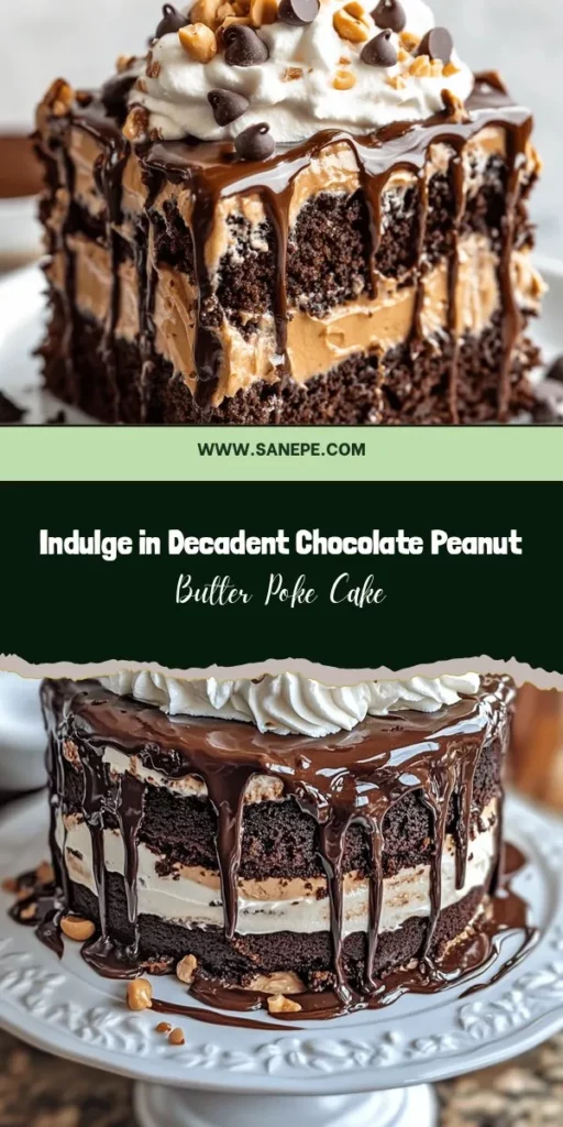 Indulge in the rich, delightful layers of the Decadent Chocolate Peanut Butter Poke Cake! This easy-to-make dessert combines moist chocolate cake with a creamy peanut butter filling, topped with fluffy whipped cream and drizzled with chocolate syrup. Perfect for parties or a sweet treat at home, this cake is sure to impress your guests! Try it out and discover a dessert that will leave everyone craving more! #ChocolatePeanutButter #PokeCake #DessertRecipes #BakingFun #SweetTreats