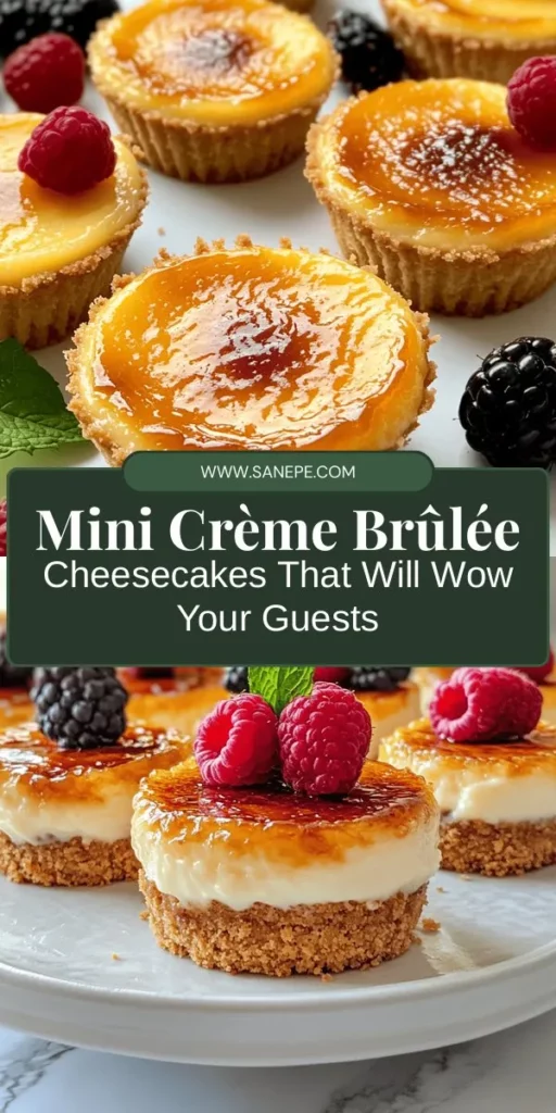 Indulge in the delightful experience of Mini Crème Brûlée Cheesecakes! These bite-sized treats combine the creamy richness of cheesecake with a perfectly caramelized sugar crust. They're visually stunning and bursting with flavor, making them perfect for any celebration or a well-deserved treat. Impress your guests or simply enjoy them yourself. Try this easy recipe and elevate your dessert game! #DessertRecipes #MiniCheesecakes #CrèmeBrûlée #Baking #SweetTreats #YummyDesserts #Foodie