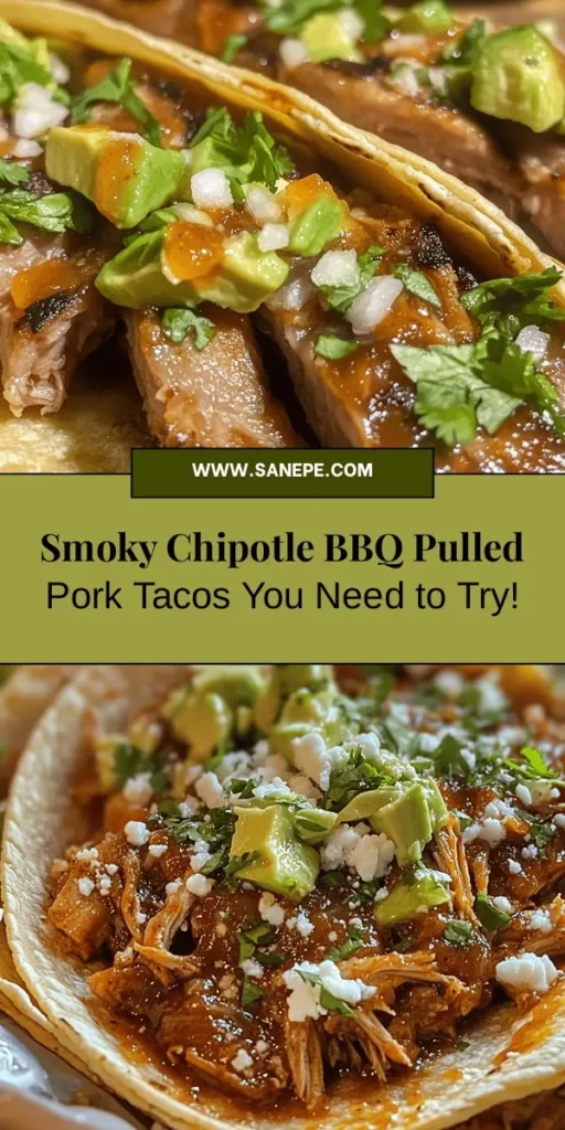 Embark on a flavorful culinary adventure with these Smoky Chipotle BBQ Pulled Pork Tacos! Achieving the perfect balance of savory, smoky, and slightly sweet flavors, these tacos are a comforting delight perfect for any occasion. Slow-cook tender pork shoulder infused with chipotle goodness and top it with fresh ingredients for a customizable meal. Gather your loved ones for an exciting taco night! #Tacos #PulledPork #BBQ #Chipotle #ComfortFood #RecipeInspiration #FoodieFun