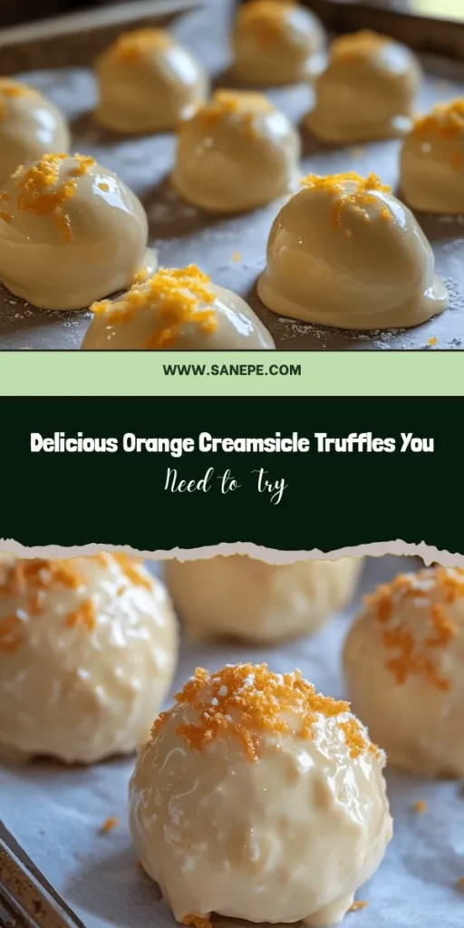 Indulge in the nostalgia of summer with these irresistible Orange Creamsicle Truffles! A delightful twist on a classic flavor, these creamy bites are easy to make and perfect for any occasion. With a burst of zesty orange and smooth vanilla wrapped in a rich chocolate shell, they deliver joy in every bite. Impress your friends and satisfy your sweet tooth with this fun, homemade treat. #Dessert #Truffles #OrangeCreamsicle #Baking #EasyRecipes #Foodie