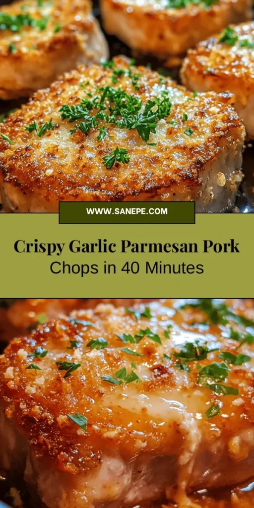 Discover the deliciousness of Garlic Parmesan Crusted Pork Chops! Transform your dinner with this easy recipe perfect for any occasion. With juicy bone-in pork chops, crispy panko, savory garlic, and rich Parmesan, you'll impress family and friends without spending hours in the kitchen. Ready in just 30-40 minutes, it's a flavorful dish you'll make again and again. Elevate your meals with this mouthwatering recipe! #PorkChops #GarlicParmesan #RecipeIdeas #DinnerInspo #CulinaryDelight