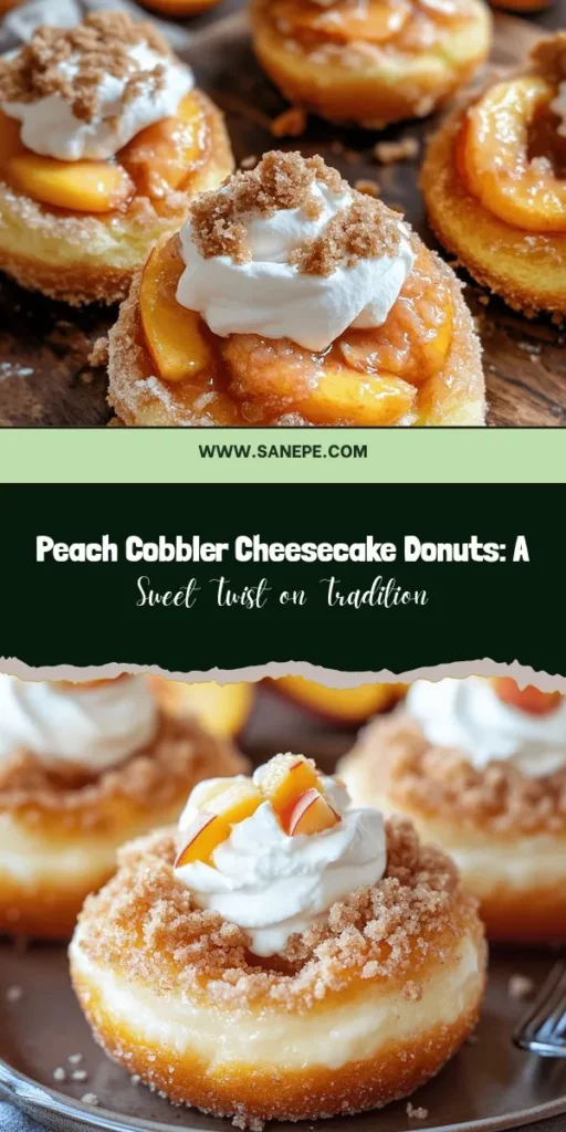 Indulge in the perfect blend of nostalgia and creativity with Classic Peach Cobbler Cheesecake Donuts! This delightful treat combines the rich flavors of peach cobbler and creamy cheesecake in a fluffy donut, topped with a crunchy crumb. Perfect for brunch, parties, or a sweet afternoon snack, these donuts are a showstopper! Elevate your dessert game and share the joy of baking with loved ones. #PeachCobblerDonuts #DonutRecipes #DessertLovers #BakingFun #SouthernTreats #CheesecakeDonuts