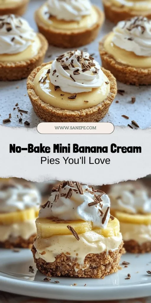 Indulge in the delightful simplicity of No-Bake Mini Banana Cream Pies! These charming treats combine creamy pudding, fresh bananas, and a crunchy graham cracker crust, making them perfect for any gathering. They're quick to make and require no baking, which means you can enjoy more time with loved ones. Learn how to assemble these delicious desserts that are as easy to create as they are to savor. Perfect for warm days or last-minute gatherings! #NoBakeDesserts #BananaCreamPie #DessertRecipes #EasyRecipes #SummerTreats