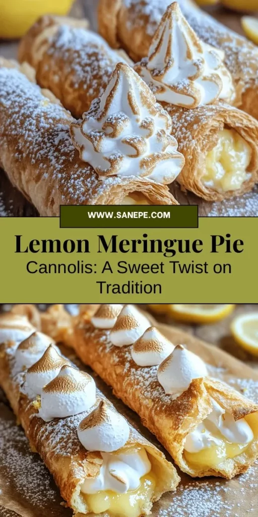 Indulge in a refreshing twist on a classic with these Zesty Lemon Meringue Pie Cannolis! This innovative dessert features crispy cannoli shells filled with a vibrant lemon filling, topped with a light meringue. Perfect for impressing guests or treating yourself, these cannolis combine tart and sweet flavors for an irresistible taste experience. Discover the joy of making this unique treat! #LemonMeringue #Cannoli #DessertRecipes #BakingIdeas #SweetTreats