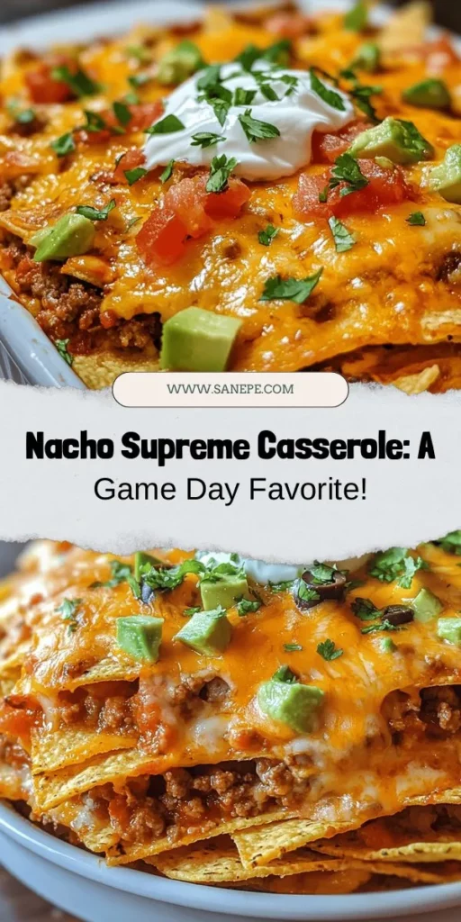 Transform your nacho night with the Loaded Nacho Supreme Casserole! This hearty dish takes all your favorite nacho flavors—crispy tortilla chips, savory ground beef, creamy cheese, and colorful toppings—and combines them into a satisfying casserole. Perfect for game day or family dinners, it's a crowd-pleaser that brings everyone together. Dive into a plateful of comfort and indulgence! #NachoCasserole #ComfortFood #GameDayEats #DinnerIdeas #FoodieFun #CasseroleRecipes #Yum