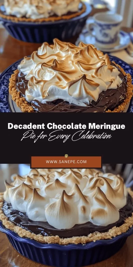 Satisfy your chocolate cravings with this Classic Chocolate Indulgence Pie topped with golden meringue! A luscious chocolate filling rests in a crunchy graham cracker crust, all crowned with a beautifully toasted meringue. Perfect for celebrations or cozy gatherings, this pie is a symphony of flavors and textures. Dive into the joy of baking and share delightful moments with loved ones. #ChocolatePie #BakingJoy #DessertLove #PieRecipes #MeringueMagic #IndulgeYourself