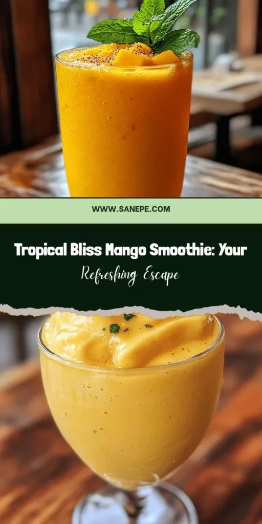 Discover the ultimate refreshment with the Tropical Bliss Mango Smoothie! Perfect for hot days, this smoothie captures the vibrant flavors of fresh mangoes, bananas, and coconut water, delivering a deliciously hydrating experience. Packed with vitamins and nutrients, it's great for breakfast, a snack, or a post-workout boost. Easy to make and wonderfully creamy, it’s a healthy treat that's sure to please! #MangoSmoothie #HealthyDrinks #TropicalVibes #SmoothieRecipe #SummerRefreshment