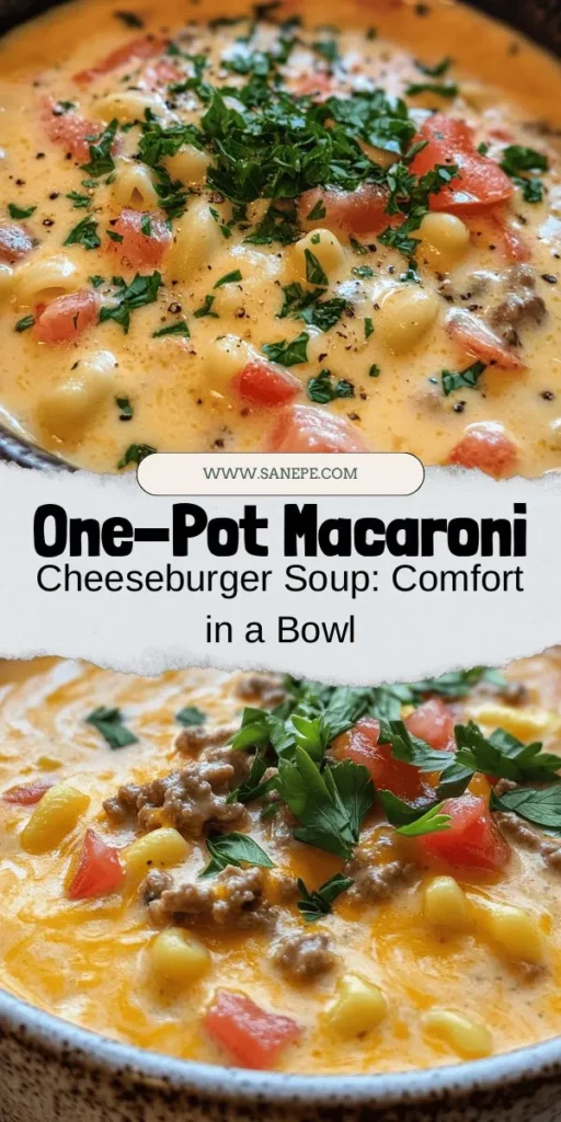 Warm up with a bowl of comfort! This One-Pot Macaroni Cheeseburger Soup combines savory ground beef, tender macaroni, and creamy cheddar cheese for a deliciously hearty meal. Perfect for busy weeknights, this easy recipe will satisfy your cravings and warm your soul. Enjoy the rich flavors and simple prep, making it a family favorite. Dive into this cheesy delight today! #CheeseburgerSoup #OnePotMeals #ComfortFood #EasyRecipes #MacaroniCheese #CozyEats