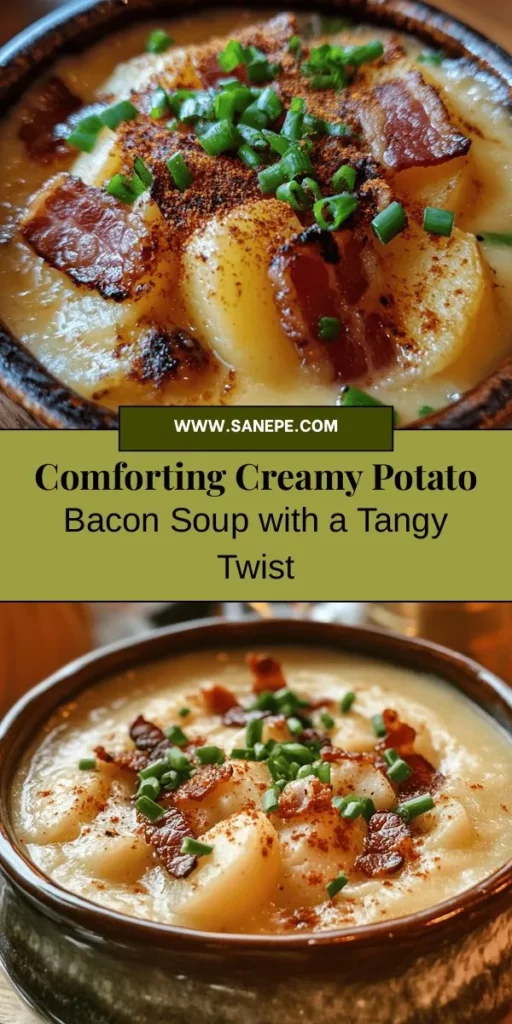 Warm up with this creamy potato and bacon soup that features a surprising tangy twist! This comforting dish combines the rich flavors of crispy bacon and creamy potatoes with zesty apple cider vinegar and Dijon mustard for an unforgettable taste experience. Perfect for chilly nights or family gatherings, this soup is not only satisfying but also easily customizable. Celebrate comfort food at its finest! #PotatoSoup #ComfortFood #BaconLovers #SoupSeason #RecipeOfTheDay