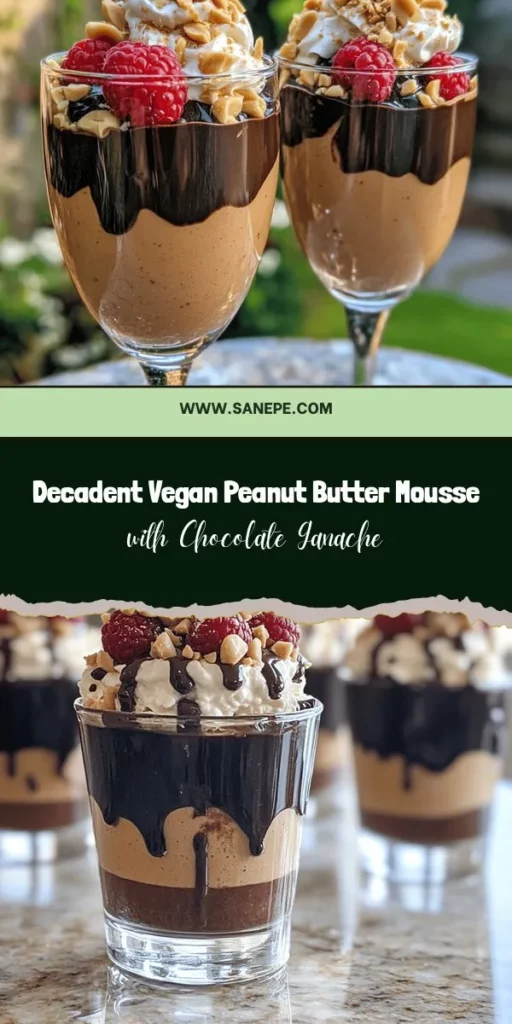 Indulge in this creamy vegan peanut butter mousse topped with rich chocolate ganache! This dessert perfectly balances the nutty flavor of peanut butter with decadent dark chocolate, making it a must-try for any occasion. It's easy to prepare and caters to various dietary needs, ensuring everyone can enjoy a guilt-free treat. Discover how to make this luxurious dessert and impress your friends and family! #VeganDesserts #PeanutButterMousse #ChocolateGanache #HealthyTreats #DessertLovers #PlantBasedEating