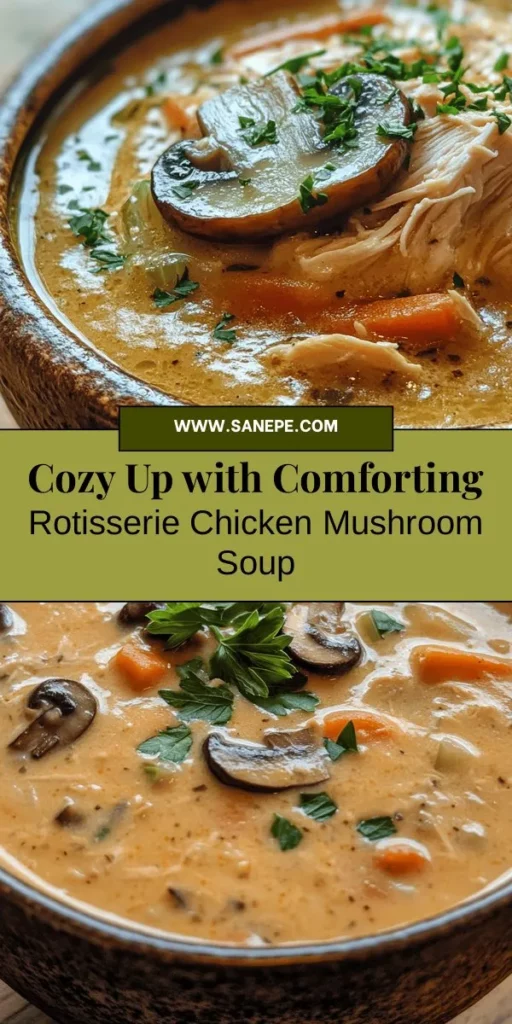 Warm up this winter with a bowl of Comforting Rotisserie Chicken Mushroom Soup, a classic that's quick to whip up using store-bought rotisserie chicken. Packed with earthy mushrooms, fresh veggies, and a creamy finish, this soup is perfect for busy weeknights or cozy gatherings. Serve it with crusty bread or a light salad for a complete meal. Try this easy, delicious recipe and make it a staple in your home! #SoupRecipes #ComfortFood #RotisserieChicken #MushroomSoup #EasyCooking #CozyMeals