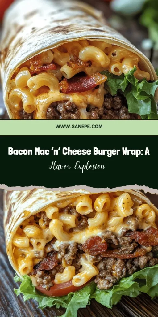 Savor the ultimate comfort food fusion with the Bacon Mac ‘n’ Cheese Burger Wrap! Combining creamy macaroni and cheese, a juicy burger patty, and crispy bacon all wrapped in a soft tortilla, this recipe is sure to impress at any gathering. Easy to make and packed with flavor, this wrap is perfect for those craving something hearty. Ready to indulge in this delicious delight? Gather your ingredients and get cooking! #MacAndCheese #BurgerWrap #ComfortFood #Foodie #RecipeInspo #Delicious #Yummy