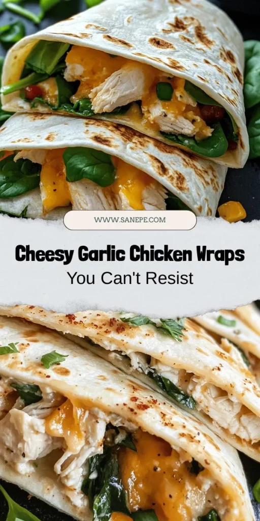 Looking for a quick and delicious meal? Try these Cheesy Garlic Chicken Wraps! Filled with tender shredded chicken, creamy cheeses, and bold garlic flavors, they’re perfect for a satisfying lunch or dinner. Customize them with your favorite veggies or spices for a personal twist. Easy to make and even easier to enjoy, these wraps are a hit for any occasion. Get ready to roll up your sleeves and create a delightful dish your family will love! #ChickenWraps #EasyRecipe #ComfortFood #GarlicLovers #HealthyEating