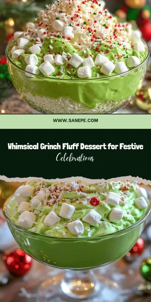 Get into the festive spirit with the Grinch Fluff Christmas Dessert! This whimsical treat, inspired by Dr. Seuss's beloved character, features a creamy green base adorned with mini marshmallows and crushed pineapple. Perfect for holiday gatherings, it’s not only delicious but also a colorful centerpiece that embodies the joy of the season. Easy to customize for dietary needs, this dessert will surely delight guests of all ages! #GrinchDessert #ChristmasTreats #HolidayBaking #FestiveFlavors #FamilyFavorites #DessertIdeas