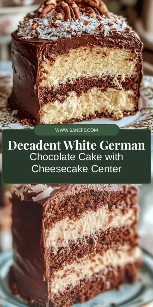 Indulge in the ultimate dessert experience with this White German Chocolate Cake featuring a creamy cheesecake center! This delightful twist on the classic combines moist chocolate layers with a rich cheesecake filling, topped with coconut and nuts for a mouthwatering finish. Perfect for any celebration, this cake is sure to impress! Discover the secrets to making this stunning treat at home and elevate your baking skills! #Baking #GermanChocolateCake #Cheesecake #Dessert #BakingRecipes #SweetTreats