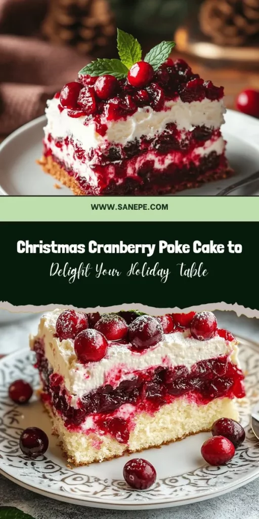 Bring holiday cheer to your dessert table with this delightful Christmas Cranberry Poke Cake! This festive treat features a moist white cake infused with tart cranberry flavor, soaked in homemade cranberry sauce and topped with creamy frosting. It's a vibrant centerpiece that combines great taste and beautiful presentation, perfect for any holiday gathering. Celebrate the season with this sweet indulgence! #ChristmasDesserts #CranberryCake #HolidayBaking #FestiveTreats #DessertIdeas #PokeCake