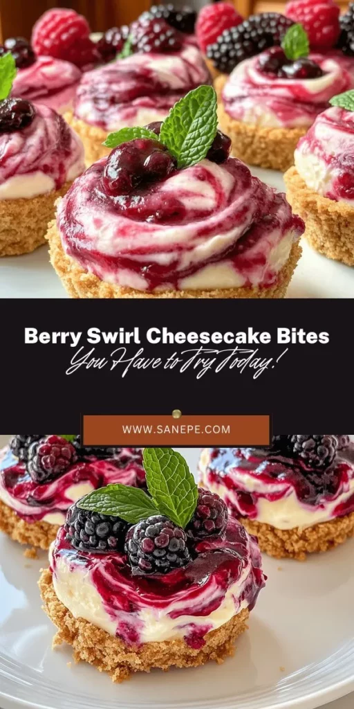 Indulge in the delightful taste of Berry Swirl Cheesecake Bites, a perfect dessert that combines creamy cheesecake, a vibrant berry swirl, and a crunchy graham cracker crust—all in bite-sized pieces! These treats are great for parties or a sweet snack at home. Made with fresh ingredients like cream cheese, mixed berries, and smooth sour cream, they are as satisfying as they are beautiful. Enjoy the harmony of flavors! #CheesecakeBites #Dessert #BerrySwirl #HomemadeTreats #Sweets #Baking #Yummy