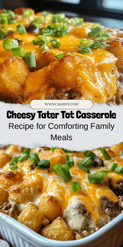 Indulge in the comforting flavors of Cheesy Tater Tot Casserole, a family favorite that's quick to whip up and utterly satisfying. Packed with crispy tater tots, savory ground meat, and a creamy cheese sauce, this dish is perfect for weeknight dinners or gatherings. Customize it with your choice of protein and add veggies for extra nutrition! Gather around the table and enjoy this cozy delight! #TaterTotCasserole #ComfortFood #FamilyDinner #EasyRecipes #Casserole