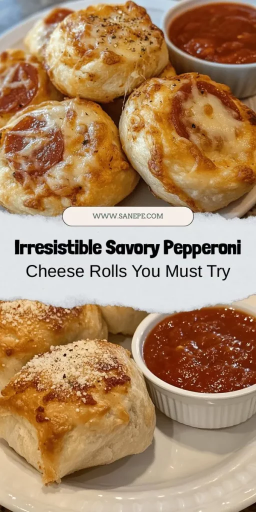 Indulge in the ultimate savory treat with these mouthwatering pepperoni cheese rolls! This easy recipe combines gooey mozzarella, zesty pepperoni, and soft pizza dough for a snack that’s perfect for parties, game days, or cozy nights in. Customize the flavors to suit your taste, and serve them with your favorite dipping sauces for a truly delightful experience. Enjoy a taste of comfort with every bite! #PepperoniCheeseRolls #SavorySnacks #HomemadeAppetizers #ComfortFood #QuickRecipes