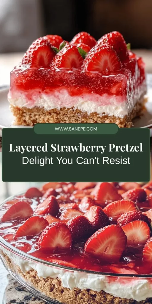 Discover the joy of making Strawberry Pretzel Delight, a delicious layered dessert that perfectly combines salty and sweet flavors. With a crunchy pretzel crust, a creamy cheese layer, and a vibrant strawberry gelatin topping, this dish is a showstopper at any event. Easy to prepare and sure to impress, it's perfect for potlucks, family gatherings, and summer picnics. Get ready to indulge in a treat that everyone will love! #StrawberryPretzelDelight #DessertRecipe #LayeredDessert #SweetTreats #PotluckDessert #SummerDesserts #YummyFood