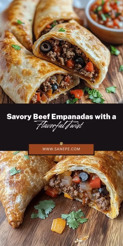 Discover the joy of making savory ground beef empanadas with a delicious twist! This recipe features a hearty filling of tender ground beef, vibrant red bell peppers, briny black olives, and fresh cilantro for a gourmet touch. Perfect for gatherings or cozy family dinners, these empanadas are not only comforting but also easy to customize. Try out this unique take on a classic dish and impress your guests! #Empanadas #ComfortFood #BeefRecipes #Homemade #CookingWithLove #Foodie