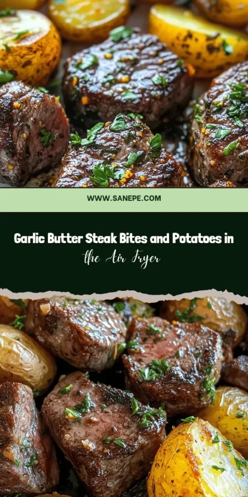 Indulge in Savory Air Fryer Garlic Butter Steak Bites & Potatoes, a delightful and quick recipe perfect for busy nights or special occasions. Enjoy tender sirloin steak bites marinated in rich garlic butter, paired with crispy, roasted baby potatoes. This healthy dish is easy to make in just 30 minutes, making it a fan favorite! Elevate your dinner game with this mouthwatering meal. #AirFryerRecipes #GarlicButterSteak #HealthyEating #QuickDinner #EasyRecipes #SteakBites #ComfortFood