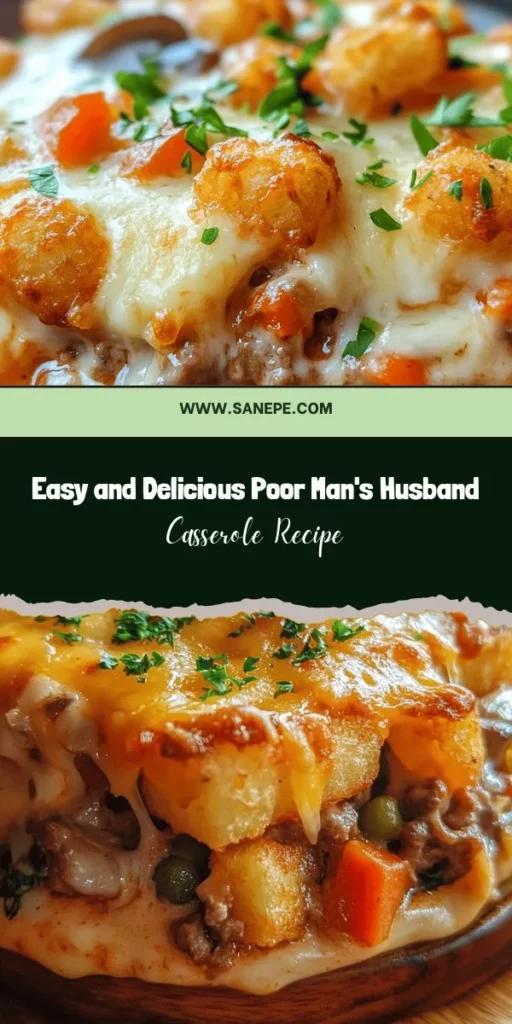 Discover the comforting delight of Poor Man's Husband Casserole, a budget-friendly meal that combines flavorful ground meat, mixed vegetables, and creamy sauce for a heartwarming dish. Perfect for weeknight dinners or potlucks, this casserole is easy to make and satisfies hungry bellies without breaking the bank. Embrace the joy of home-cooked meals and create lasting memories with your loved ones around the dinner table! #ComfortFood #Casserole #BudgetFriendly #HomeCooking #FamilyMeals