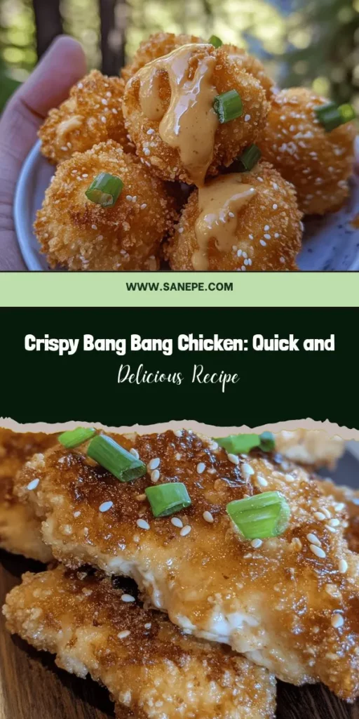 Looking for a tasty dish that brings crunch and flavor to your table? Try this easy crispy Bang Bang Chicken recipe! It features tender chicken with a crispy coating, perfectly complemented by a creamy, spicy sauce. Ideal for family dinners, potlucks, or even as a salad topping, this dish is a versatile favorite. Quick to make and customizable to your tastes, it’s sure to impress everyone. Don't miss out on this delightful meal! #BangBangChicken #ChickenRecipes #EasyDinner #CrispyChicken #FoodieFun #YummyRecipes