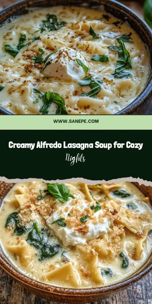 Cozy up with a bowl of Creamy Alfredo Lasagna Soup, the perfect blend of traditional lasagna flavors and hearty soup comfort! This delightful dish features creamy Alfredo sauce, savory ground meat, fresh spinach, and rich cheeses, all combined for an indulgent meal that’s quick and easy to prepare. Whether it’s a weeknight dinner or a gathering with friends, this soup will surely impress. Get creative with toppings! #lasagnasoup #comfortfood #recipeideas #souprecipes #cooking