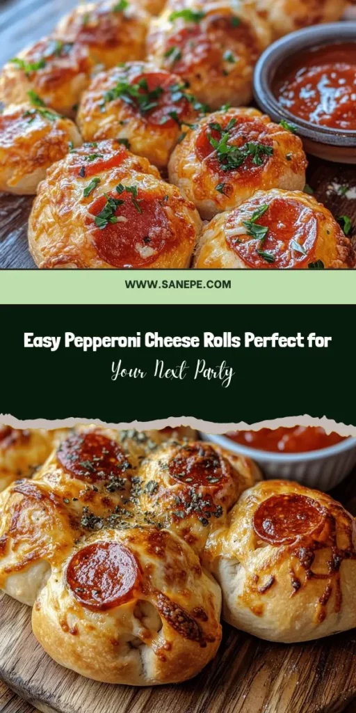 Discover the ultimate party appetizer with these easy Pepperoni Cheese Rolls! Bursting with gooey mozzarella and zesty pepperoni, these delightful snacks are perfect for any gathering. Simple to prepare and versatile, you can customize them with your favorite cheeses or veggies. Serve with an assortment of dipping sauces for an unforgettable treat! Ideal for game days or get-togethers. Try this crowd-pleaser today! #PepperoniCheeseRolls #PartyAppetizers #FingerFood #EasyRecipes #CheesySnacks