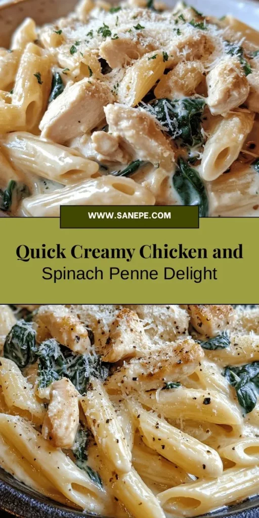 Looking for a delicious dinner that's quick and satisfying? Try our Creamy Chicken and Spinach Penne! This comforting dish combines tender chicken, vibrant spinach, and penne pasta in a rich, creamy sauce. It's not only tasty but also a healthy choice packed with protein and nutrients. Perfect for busy weeknights or any special occasion. Get ready to impress your family with this easy, flavorful recipe! #CreamyPasta #ChickenRecipe #Spinach #ComfortFood #WeeknightDinner