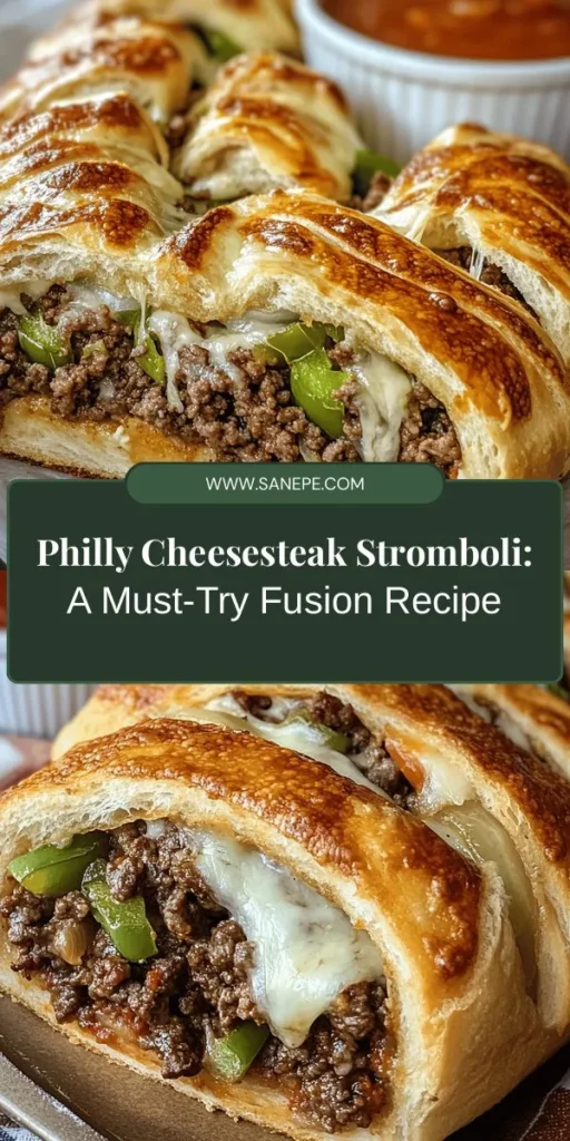 Discover the mouthwatering Philly Cheesesteak Stromboli, a delicious fusion of the classic Philadelphia cheesesteak and comforting Stromboli. This savory dish features tender beef or steak, sautéed veggies, and gooey cheese rolled in flaky pizza dough, making it perfect for family dinners or parties. Easy to prepare and sure to impress, this recipe blends rich flavors and textures for a satisfying meal. Try it today! #PhillyCheesesteak #Stromboli #FusionCuisine #EasyRecipes #ComfortFood #Appetizers