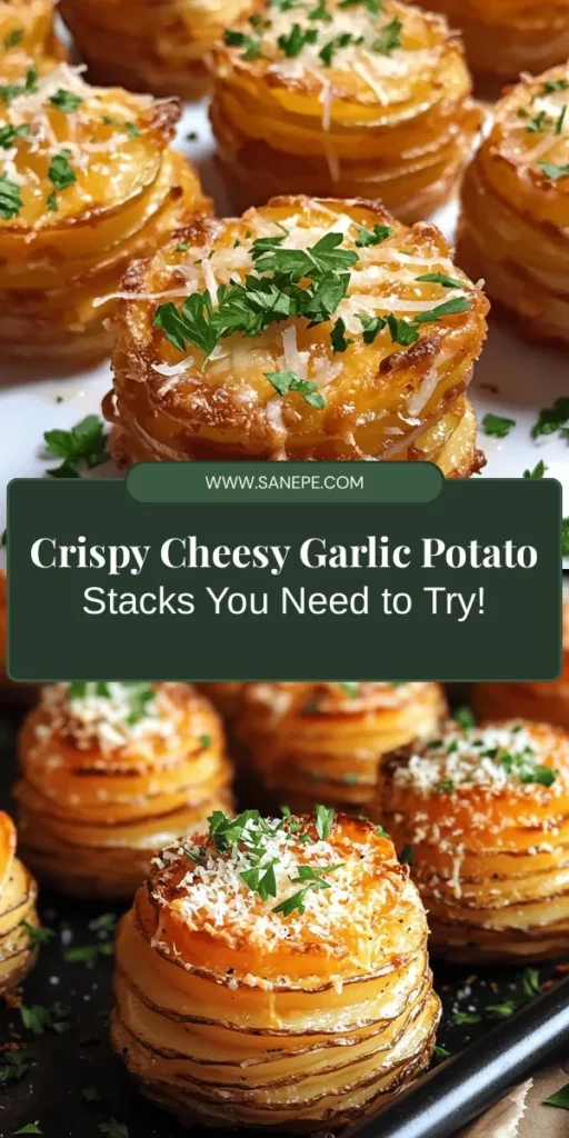 Indulge in the ultimate comfort food with our Crispy Cheesy Garlic Potato Stacks! Perfectly layered russet potatoes are infused with garlic, sharp cheddar, and nutty Parmesan for a delightful treat. Whether as a side dish or a savory snack, these stacks are sure to impress. Easy to make and irresistibly delicious, they are a must-try for potato lovers everywhere! Get the recipe and bring gourmet flair to your table. #PotatoStacks #ComfortFood #Recipe #CheesyGoodness #FoodLovers #Garlic #PotatoRecipes