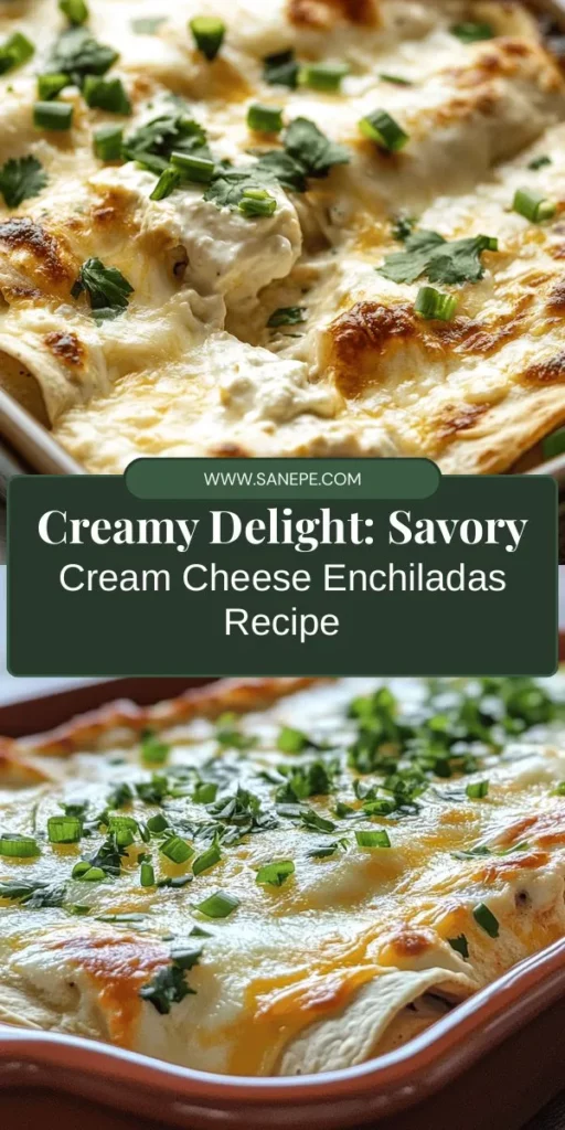 Looking for a comforting and creamy dish that will wow your family? Try these Savory Sabor Cream Cheese Enchiladas, bursting with flavor! This versatile recipe allows you to customize filling with meat or veggies, ensuring everyone is satisfied. Topped with zesty green enchilada sauce and melted cheese, they make an amazing weeknight meal or party dish. Discover the joy of this Mexican classic! #Enchiladas #CreamCheese #MexicanFood #ComfortFood #Foodie #RecipeIdeas #CookingAtHome