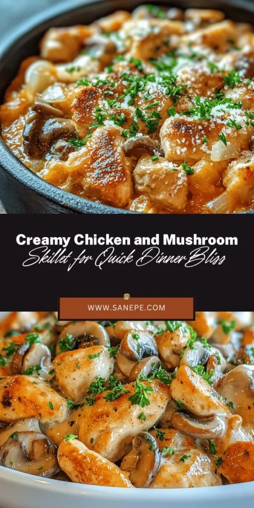 Looking for a quick and satisfying dinner? Try this Creamy Chicken and Mushroom Skillet! Tender chicken combines with earthy mushrooms in a rich, creamy sauce, making it a comforting hug in a bowl. This dish is versatile, allowing for gluten-free and dairy-free adaptations to fit any dietary needs. Perfect for busy weeknights or impressing guests, it’s sure to delight everyone at the table. #ChickenRecipes #EasyDinner #MushroomLovers #ComfortFood #WeeknightMeals